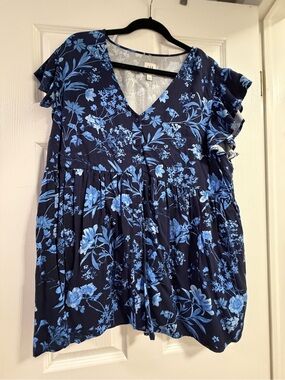 GAP Navy Blue Floral V-Neck Ruffled Sleeve Blouse